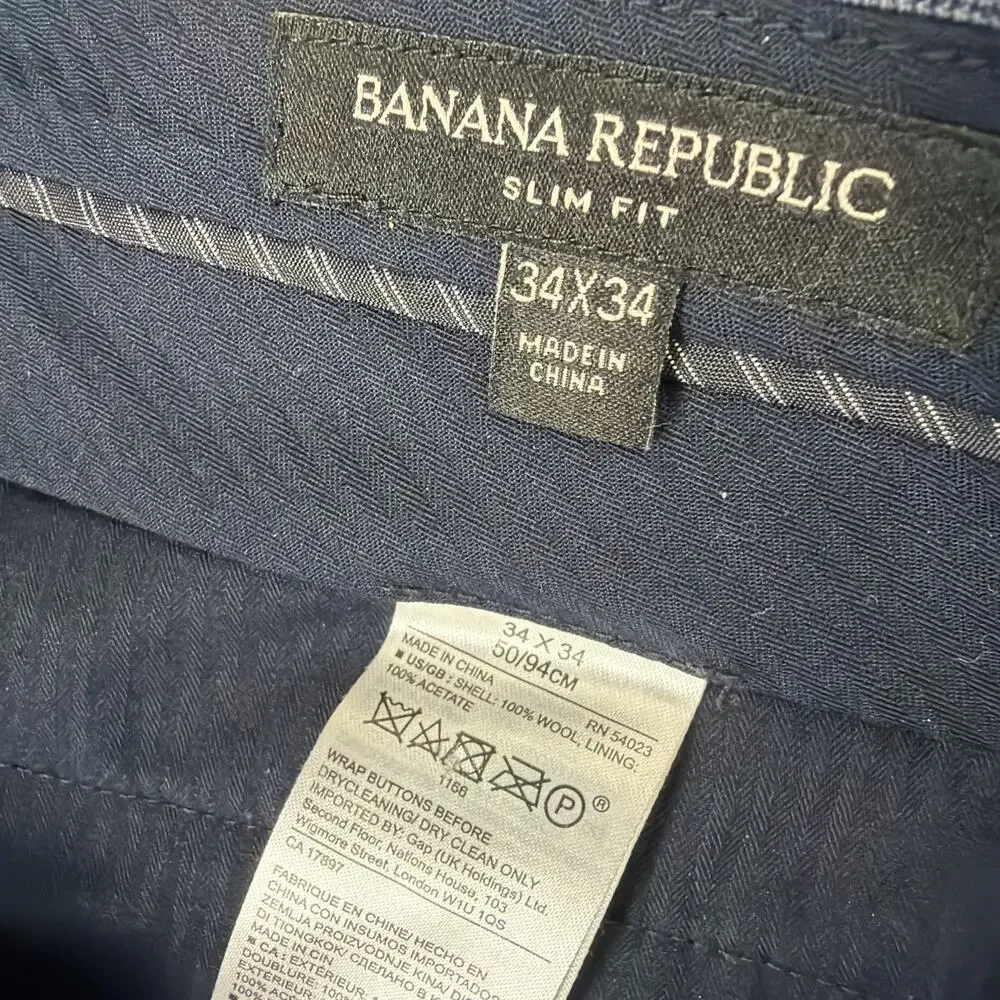 Banana Republic Dress Pants Mens 34X27 Slim Blue Gray Glen Plaid Guabello Wool